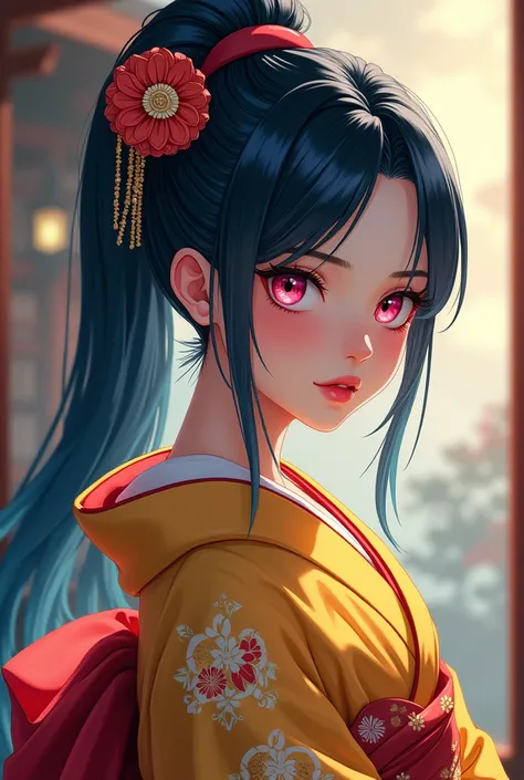 Anime style woman  geisha  with an yellow kimono, dark skin, pink eyes and blue hair in ponytail