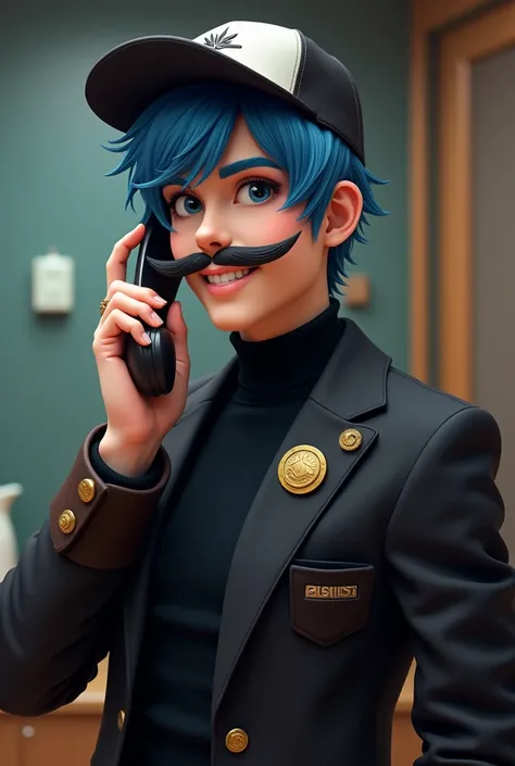   You play an announcer with a black sweater, Written by Pablos  de Arrugação, FROM THE PHONE, blue haired,  in gold and brown ,  with a thin mustache and a cap , Written by Pablos .