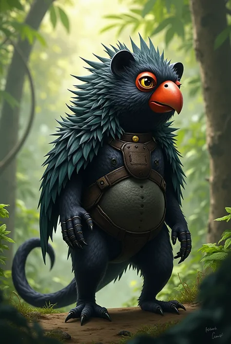 An animal with the head of  parrot, the body of a hedgehog, and a black panther tail.