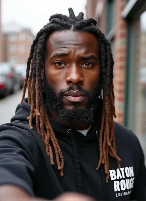 BLACK MAN HE HAS Golden brown skin color he has long waist length dread locks that come to his waist, he has a beard that frames his face, hazel eyes, he is wearing a baton rouge Louisiana hoodie and he is taking a selfie outside. he us 64 and 260lbs, His ...