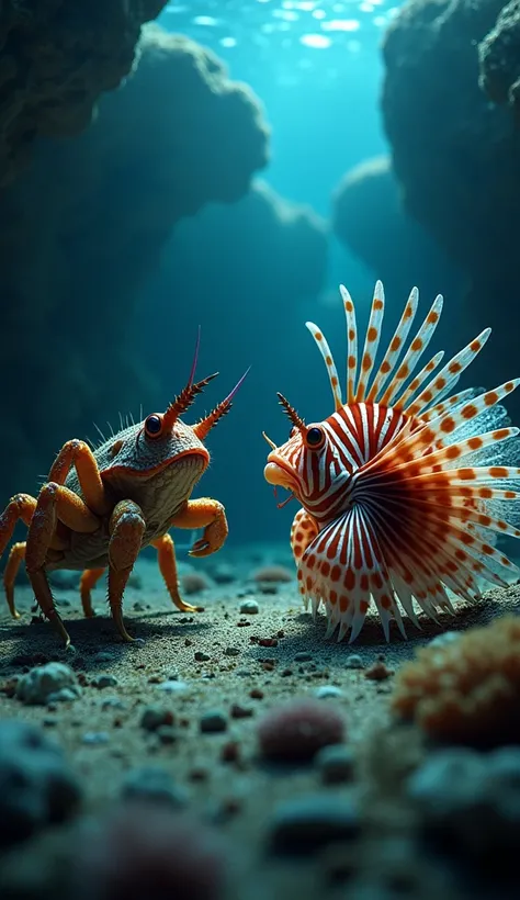 Create an intense underwater scene featuring a hermit crab and a lionfish facing each other in an angry, confrontational stance. The hermit crab, with its claws raised defensively, has an aggressive expression, while the lionfish, with its vibrant spines f...