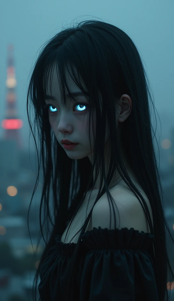  Depressed Girl 、  long black hair 、small nose、Slender body、 Glowing White Eyes 、Thin lips、 Eyes Peeking Through Her Hair、 upper body、close-up、Genuine、Aerial１ Meters Fixed 、Thick Fog、Tokyo Tower at night、Black Rain 、 Shot with a Wide Angle Lens 、