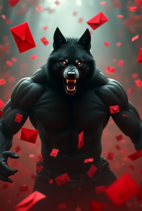  Create an image of a very strong black man with the face of an angry wolf, Make red envelopes falling  