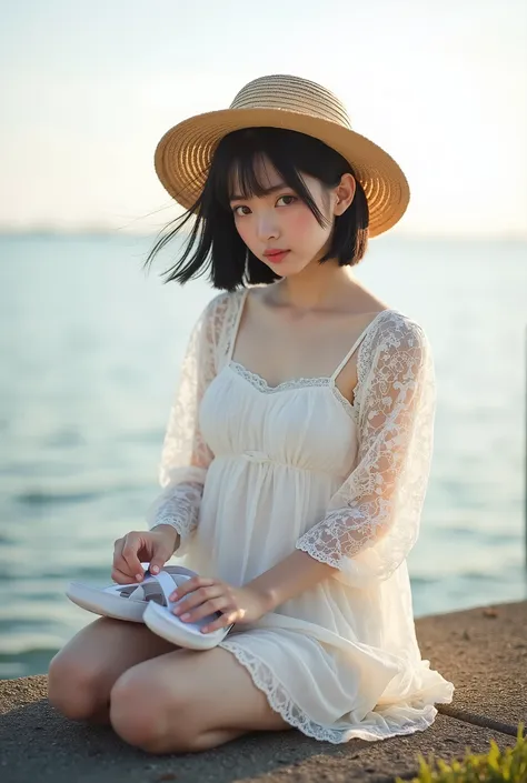 live-action、 real、Water&#39;s Edge、Very beautiful Japanese schoolgirl wearing a white lace dress、Sit on the breakwater、Clear skies、Backlight、 dress that you take off your white sandals and hold in your hand is see-through and you can clearly see the lines ...