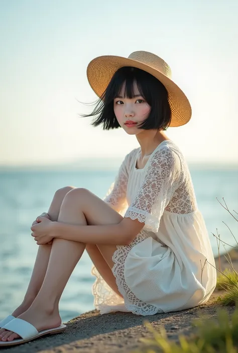 live-action、 real、Water's Edge、Very beautiful Japanese schoolgirl wearing a white lace dress、Sit on the breakwater、Clear skies、Backlight、 dress that you take off your white sandals and hold in your hand is see-through and you can clearly see the lines ...