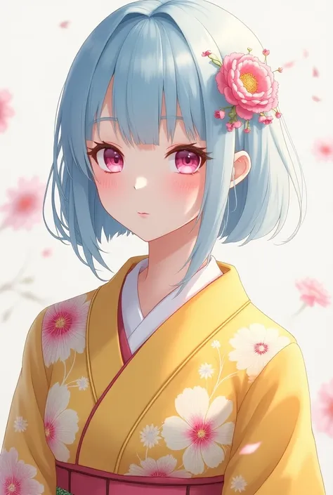 Anime woman with geisha yellow kimono, light blue hair and pink eyes