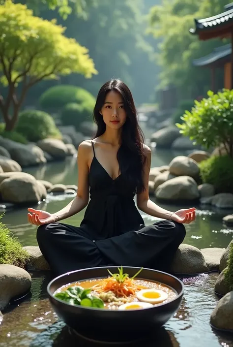 A captivating high-resolution   Unvolume  {x} photograph of a serene Japanese garden, There、   A beautiful Asian woman with long black hair and big brown eyes is meditating with her legs crossed.    Shes wearing a big black sleeveless dress   、   She is me...