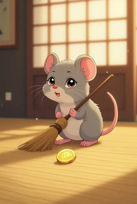 Draw a picture of a little female rat sweeping and a single gold coin was found, a single anime type