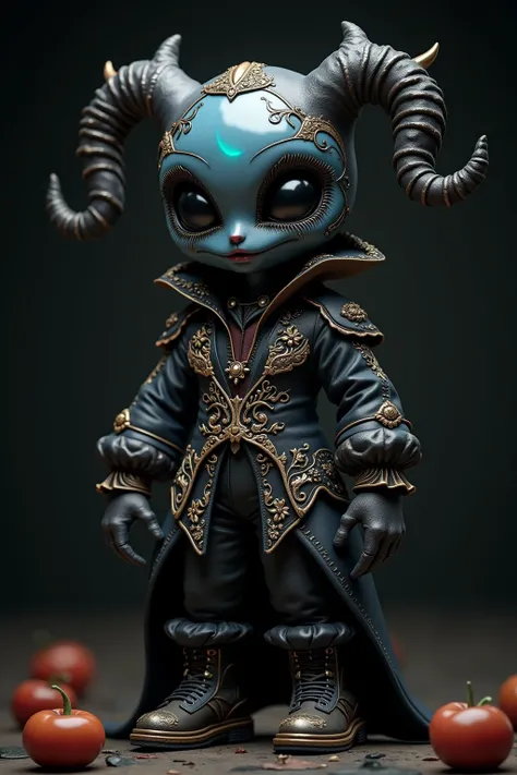 generate images of kawaii chibi character of (black opal head) zany scarecrow with a horror fantasy theme,(hands on hips:1.5),clothes must be highly intricate rococo style , elegant, and visually striking, highly detailed leather boots, resembling digital ...