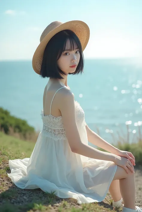 live-action、 real、Water's Edge、Very beautiful Japanese schoolgirl wearing a white lace dress、Sit on a hill bench with an ocean view、Clear skies、Backlight、 dress that you take off your white sandals and hold in your hand is see-through and you can clear...