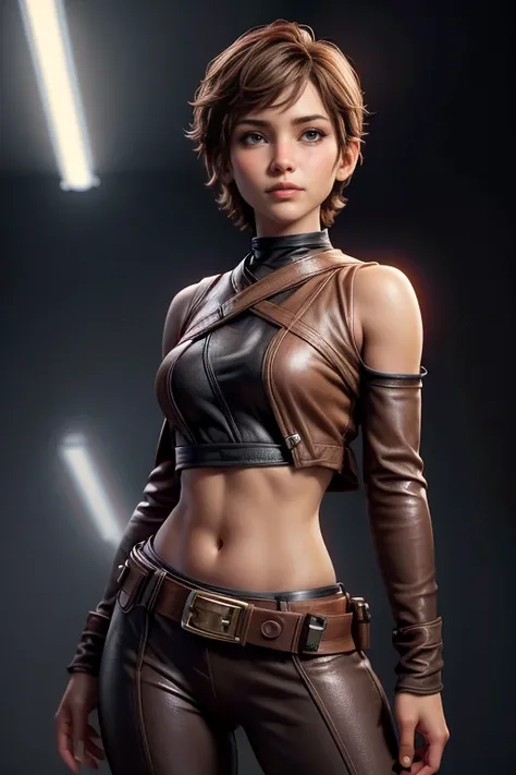 Star Wars ,  short hair , brown eyes, confident, decided, firm stance,  expression of happiness ,  female smuggler wears tight brown leather leggings with belt,  top quality,  masterpiece , super detail,  lyrics,  cinematic lighting ,  plain white backgrou...