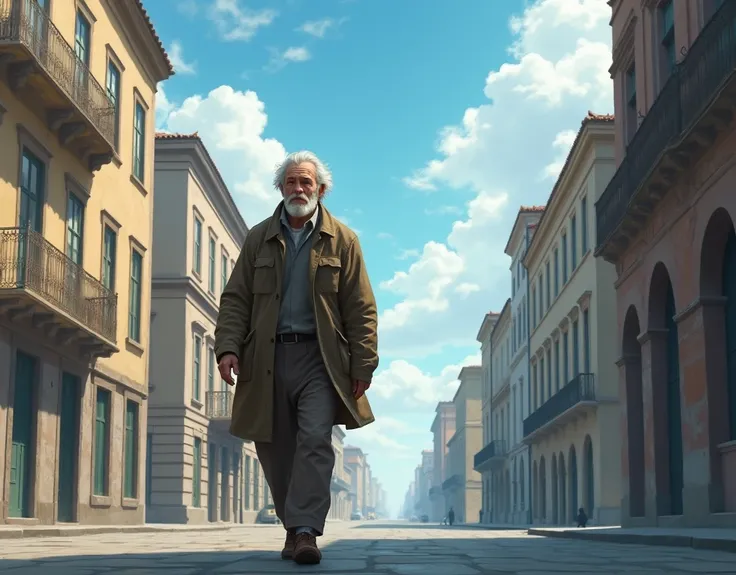 An old man walking down a street, The street will face the heavenly sky  
