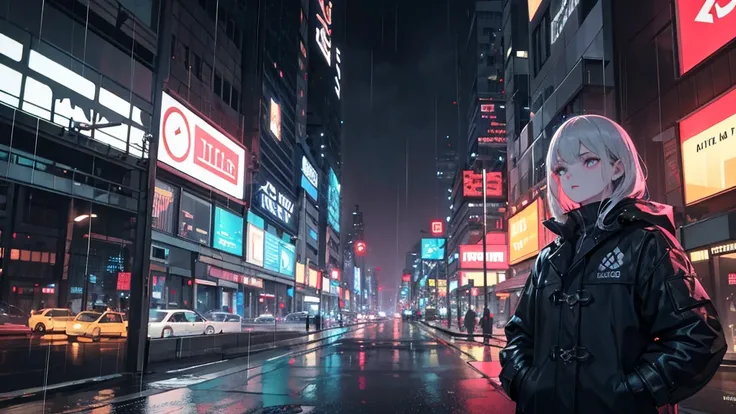 1 girl, night city, rain, coat, hands in pockets, beautiful detailed eyes, beautiful detailed lips, extremely detailed face, longeyelashes, intricate city lights, dramatic shadows, moody atmosphere, neon signs, cyberpunk, dramatic lighting, cinematic, dark...