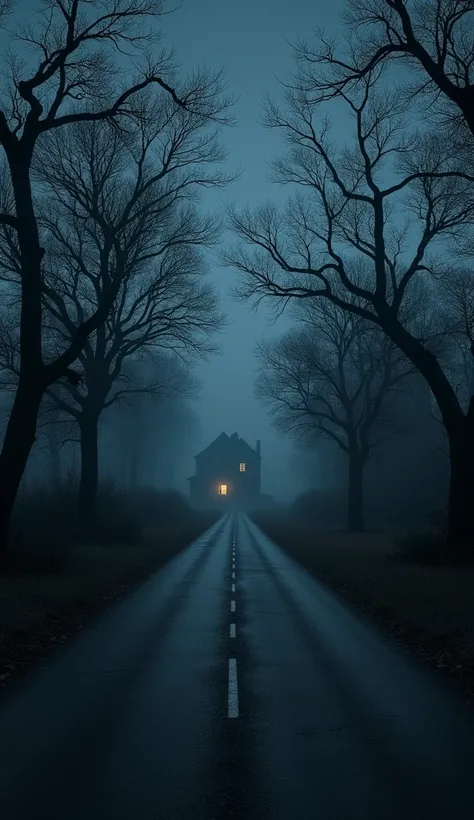 A dark, deserted road stretches endlessly under a starless sky. On either side, twisted trees lean in, their branches reaching out like fingers in the wind. In the distance, far away beyond the trees, an old house is barely visible, shrouded in mist and sh...