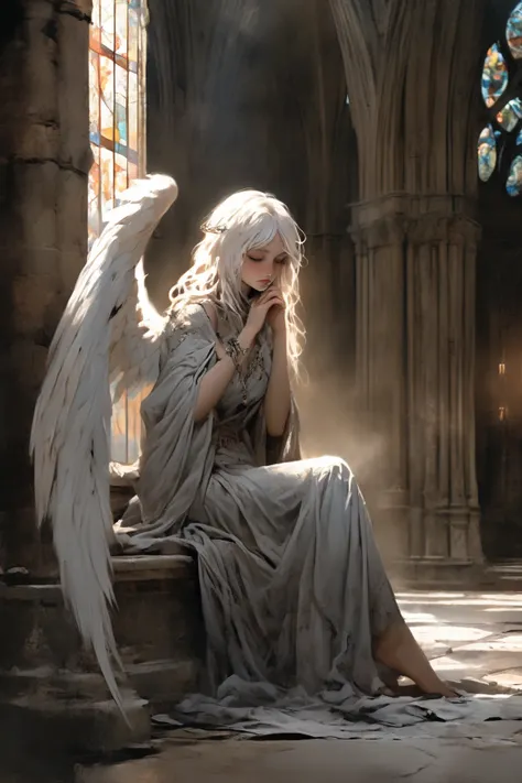 A female angel with long, white hair sits on the cold stone floor of an ancient, dark cathedral. Her hair is straight, with a fringe resting just above her forehead, partially obscuring her face, giving her a mysterious and slightly detached look. She has ...