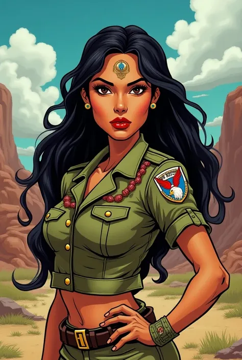  Native American woman with long hair, Military dress with an Airborne eagle patch on the shoulder , 70s cartoon style 