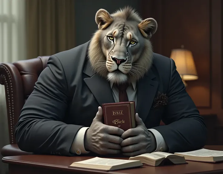 leão eyes, wearing a suit , large and muscular chest, bulky abdomen, is,  with the Bible in his hands , The appearance of pity ,  beautiful and detailed portrait of an anthropomorphic gray lion (((eyes))) subtract,  sitting on the chair at the desk 