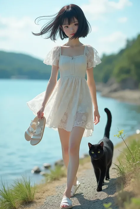live-action、 real、Water's Edge、Very beautiful Japanese schoolgirl wearing a white lace dress、Walking on the breakwater 、Clear skies、Backlight、 dress that you take off your white sandals and hold in your hand is see-through and you can clearly see the l...