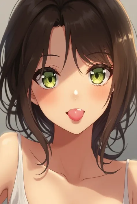 Anime sexy woman sticking her tongue out with green eyes.