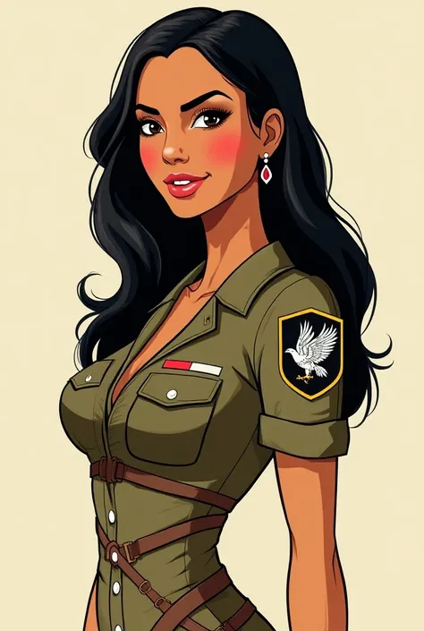  Native American woman with long hair, Military dress with an Airborne eagle patch on the shoulder , 60s cartoon style