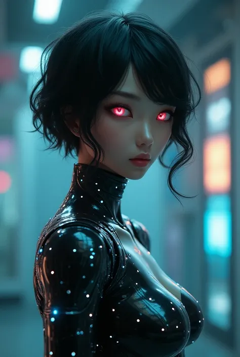 An Android with short wavy and curvy sexy hair with cybernetic eyes and body LEDs 