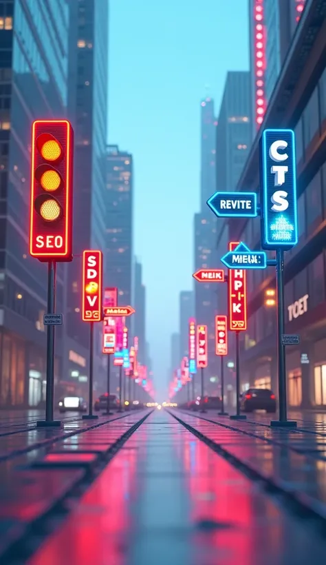 3D art style Generate an image of traffic lights and signs guiding digital visitors to a website, with different signs labeled SEO, social media, and paid ads.