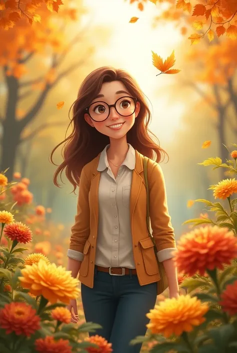 Happy teacher wearing glasses with medium brown hair walking in a perfect natural autumn garden and playing with flowers.