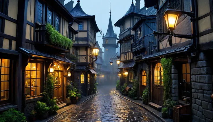 An amazingly beautiful town that looks like it might be home to a witch. It has a fairy tale atmosphere. Studio Ghibli style, landscape, dark and crowded narrow alley, fantasy style, pitch black midnight, rain, fog, few street lights, unrealistic architect...