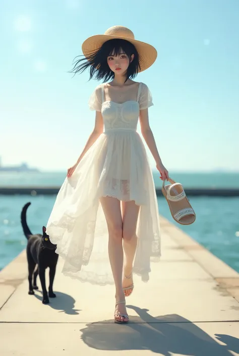 live-action、 real、Very beautiful Japanese schoolgirl wearing a white lace dress、Walking on the breakwater 、Clear skies、Backlight、 dress that you take off your white sandals and hold in your hand is see-through and you can clearly see the lines of your body...