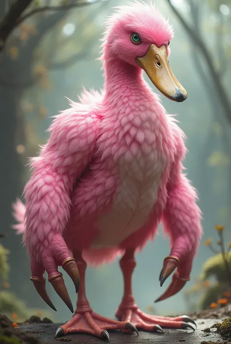 a human like pink duck with long claws