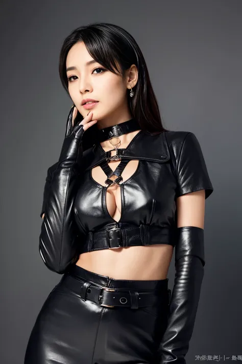   black leather jacket ,  background ,  background , Black leather gloves on the fingertips of both hands,、 Wearing a black leather chest harness ,  Japanese new product woman  (  Black leather gloves covering both hands  ) (The angle is horizontal)、  Blac...