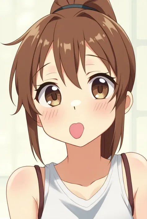 anime,  brown haired,  ponytail , Tongue out ,  Looking up,  in the mouth, naked