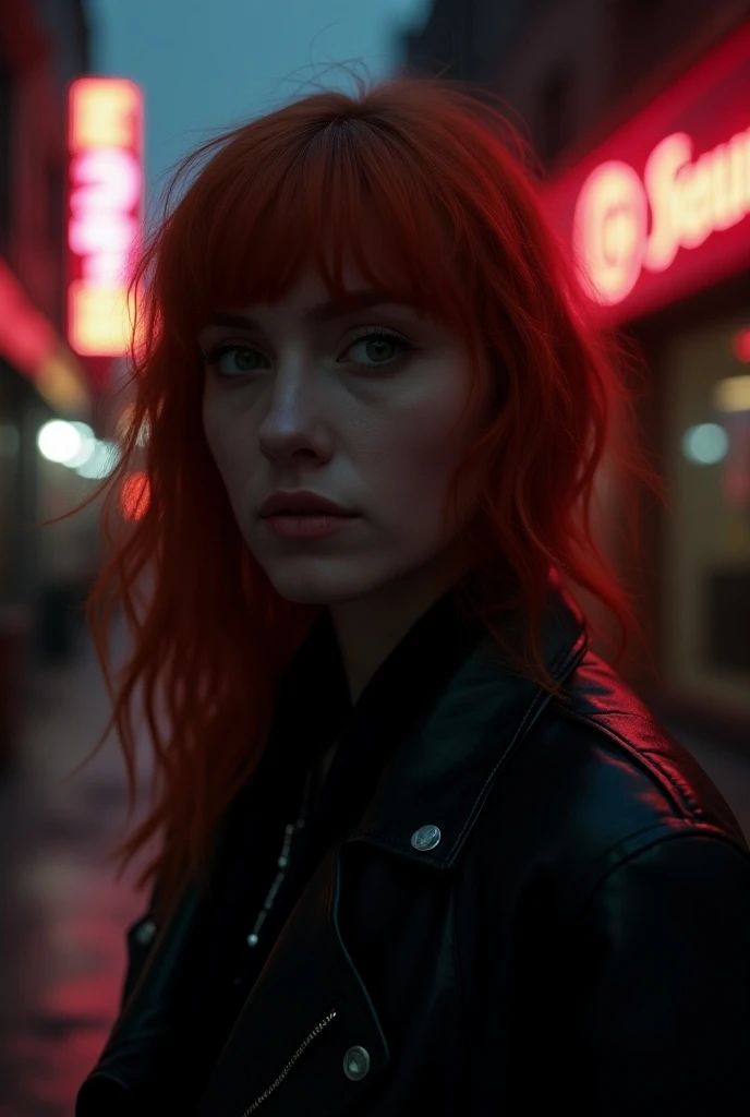  red-haired woman in a black leather jacket standing on a city street, cinematic portrait, soft 8k shot portrait, inspired by Elsa Bleda , lighting and cinematographic, cyberpunk luta,  melancholic cinematic lighting , 8k shot portrait,  incredible cinemat...