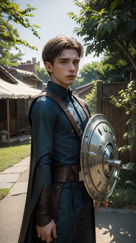 A young Steve Rogers, around , frail but determined, playing hero in his backyard. He’s wearing an improvised cape made from an old bedsheet and holding a pot lid as a shield. The scene has soft lighting, capturing a summer day in a modest New York neighbo...