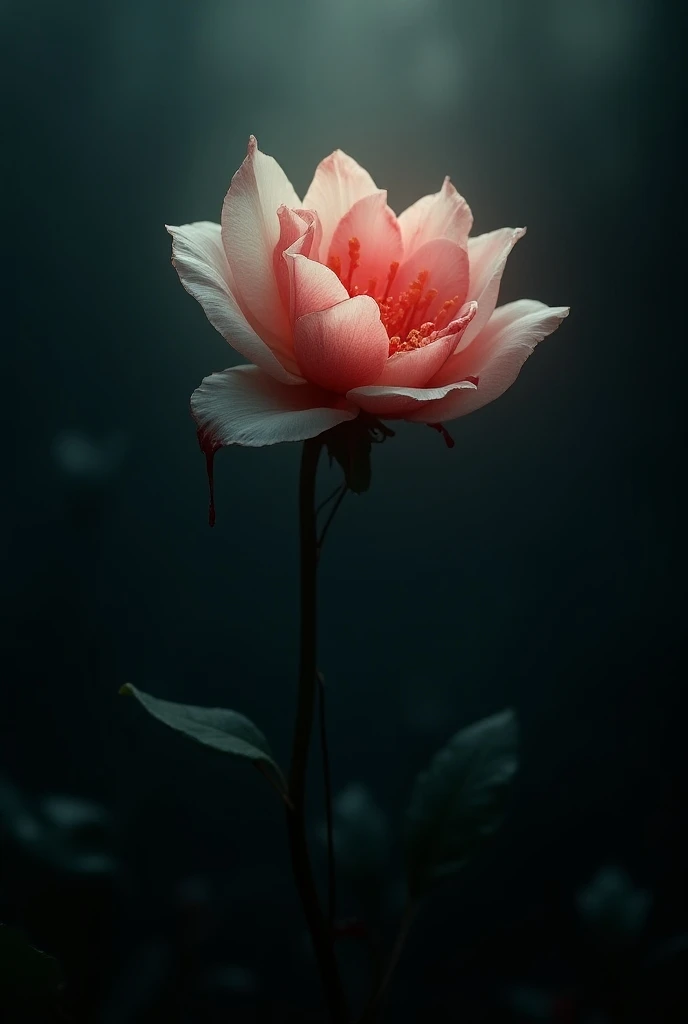  an Ophelia flower in the dark on its petals runs blood, But there is a Light that means happiness and calm