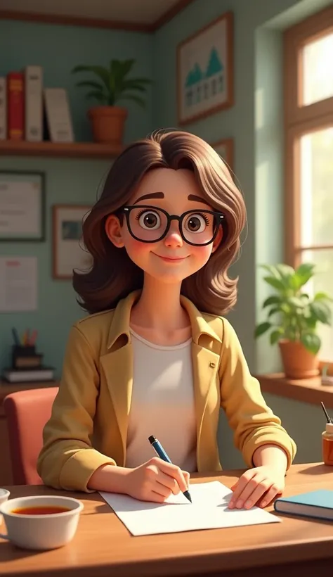 Friendly teacher wearing glasses with medium brown hair sitting at the table writing 