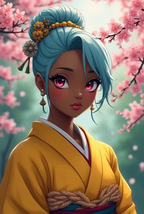 Dark skinned anime woman with ponytail geisha hair, light blue hair, pink eyes and yellow kimono
There is sakuras trees behind her