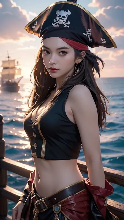 (((Female pirate)))、pirate costume、Sexy、Captain 、young woman、cute、Exquisite painting on a pirate ship 、Background Ocean、Sunset、( best quality ,4K,【8k, High Resolution ,masterpiece:1.2), Super Detailed ,(realistic,Realistic photos,Realistic photos:1.37),[Ha...