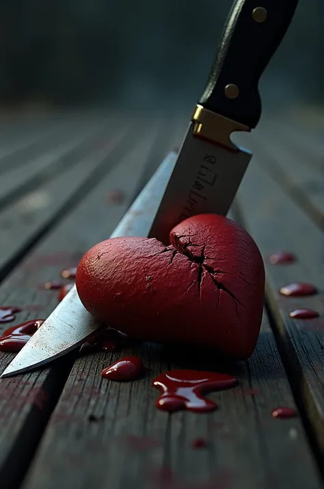  A broken heart with a knife with the name Amin is placed on a dark wooden table.,  with bloodstains scattered on the table. . The image expresses sadness and sorrow  