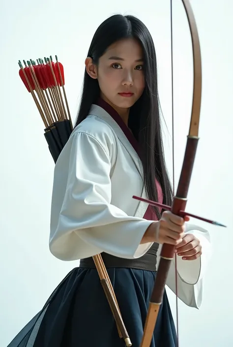 live-action、 real、Kyudo、 very beautiful Japanese woman carrying an arrow and holding a bow、Carrying arrows、Ainu traditional clothing、Black Hair、 straight long hair carrying arrows 、White background、 watch the viewer