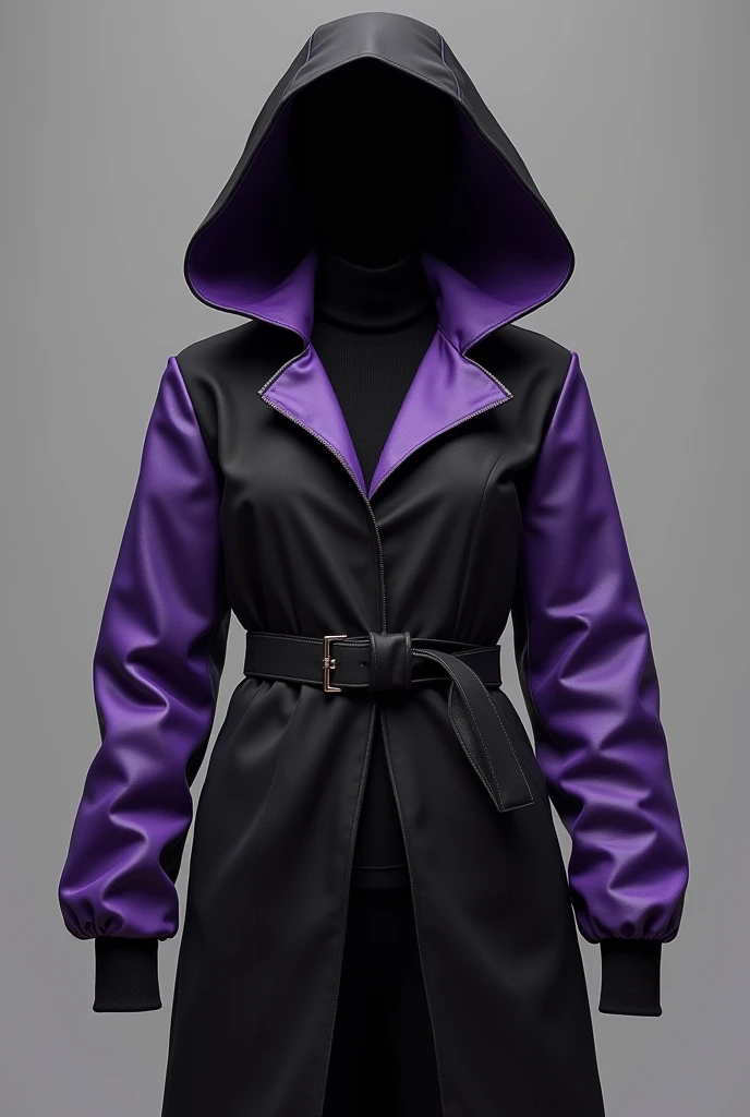  Poleron with black torso and clasp,  long purple sleeves , black cuff ,  purple hood on the inside and black on the outside