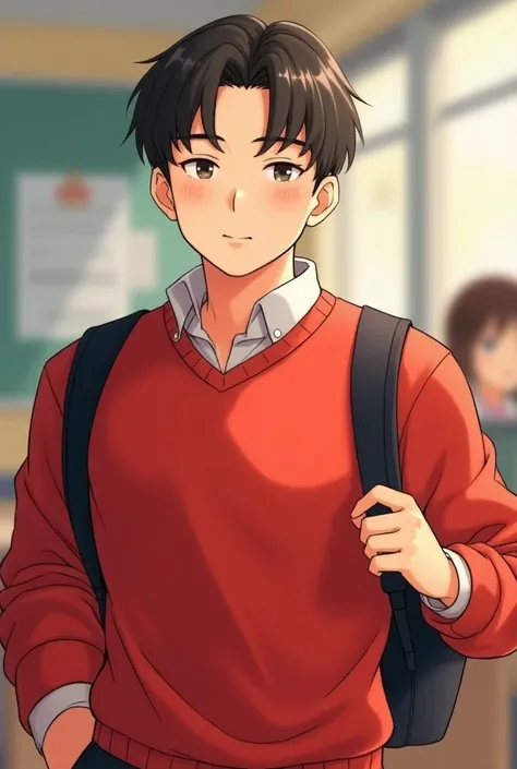  Create a male teacher anime version , half chubby, straight hair, with red sweater and black backpack 