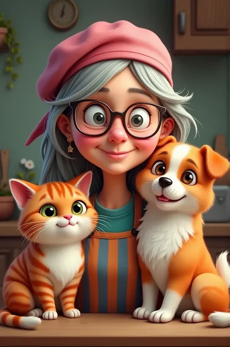  Draw a 63-year-old lady with lenses ,  pink hat backwards , slightly sucked face , with a little double chin,  long hair without gray hair ,  apron together with an orange gringo cat with white stripes and a dog with a little white fur on the side