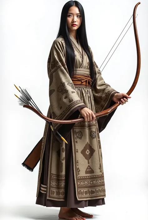 live-action、 real、Kyudo、 bow standing majestically、Carrying arrows、Ainu traditional clothing、A very beautiful Japanese woman with a 、Black Hair、 Straight Long Hair 、White background、 watch the viewer