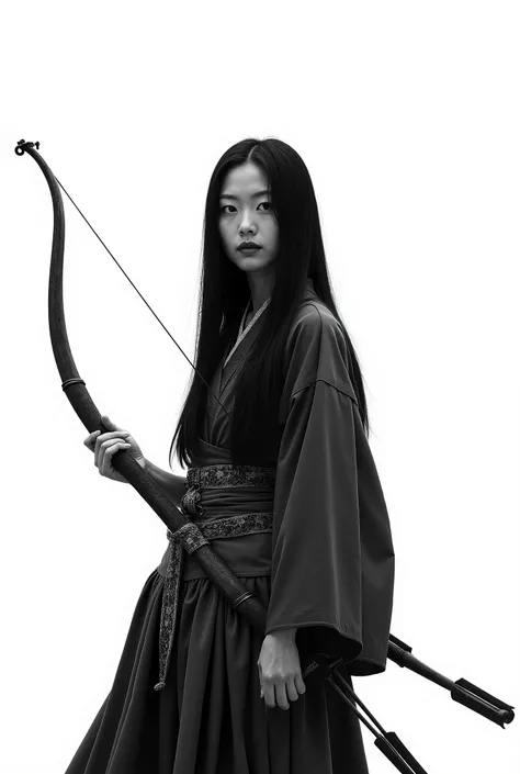 live-action、 real、Kyudo、 very beautiful Japanese woman carrying an arrow and holding a bow、Carrying arrows、Ainu traditional clothing、A very beautiful Japanese woman with a 、Black Hair、 straight long hair carrying arrows 、White background、 watch the viewer ...