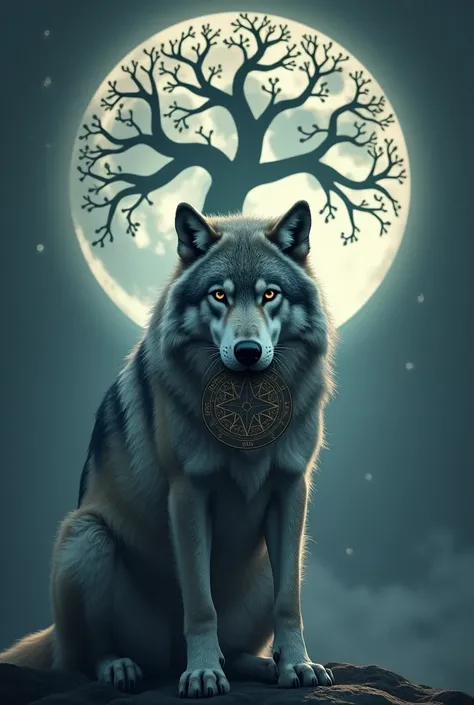  Wolf with the Viking compass Vegvisir biting her in his mouth without hands and with the Viking tree of life in the background illuminated by the moon