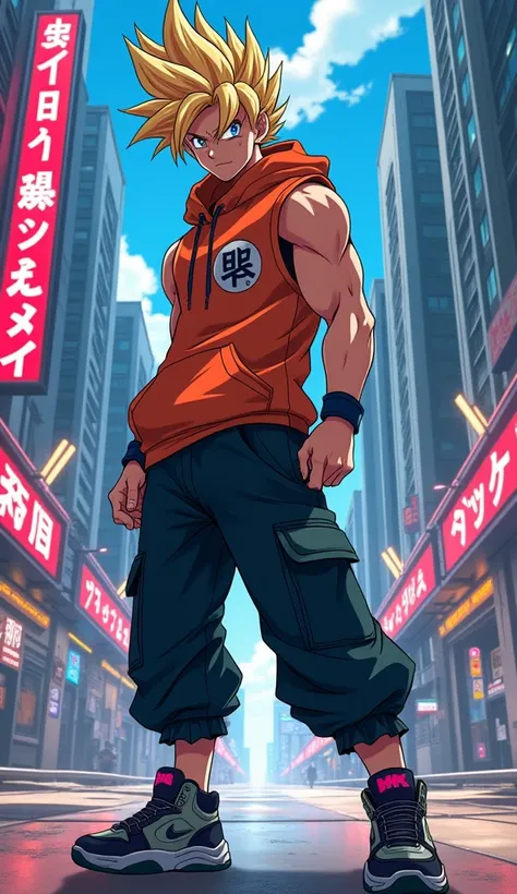 Create a Dragon Ball-style anime character ,  it has to be a male character in current trendy hoodie and sneaker clothing. 