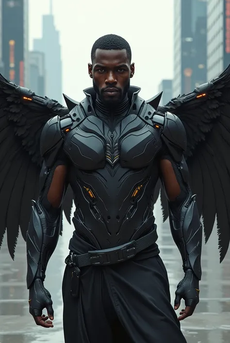  full body image, black man, Vulture bird costume, futuristic robotic wings 