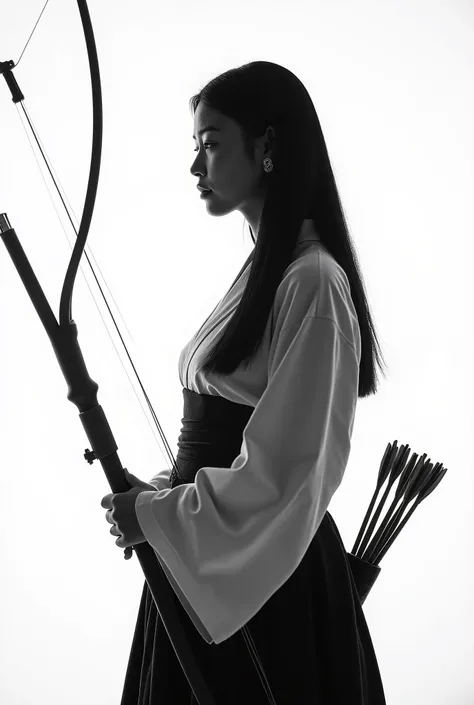 live-action、 real、Kyudo、Very beautiful Japanese woman holding a bow、Carrying arrows、Ainu traditional clothing、A very beautiful Japanese woman with a 、Black Hair、 Straight Long Hair 、White background、profile、Black and white photography