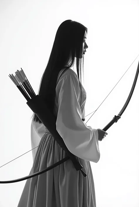 live-action、 real、Kyudo、Very beautiful Japanese woman holding a bow、Carrying arrows、Ainu traditional clothing、A very beautiful Japanese woman with a 、Black Hair、 straight long hair carrying arrows 、White background、profile、Black and white photography